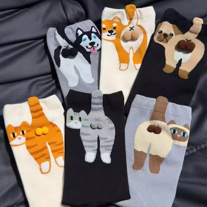 16 Style Funny 3D Cat Dog Animal Print Mid-Tube Socks Cotton Harajuku Floor Sock Casual Soft Cats Egg Hosiery for Couple Gifts